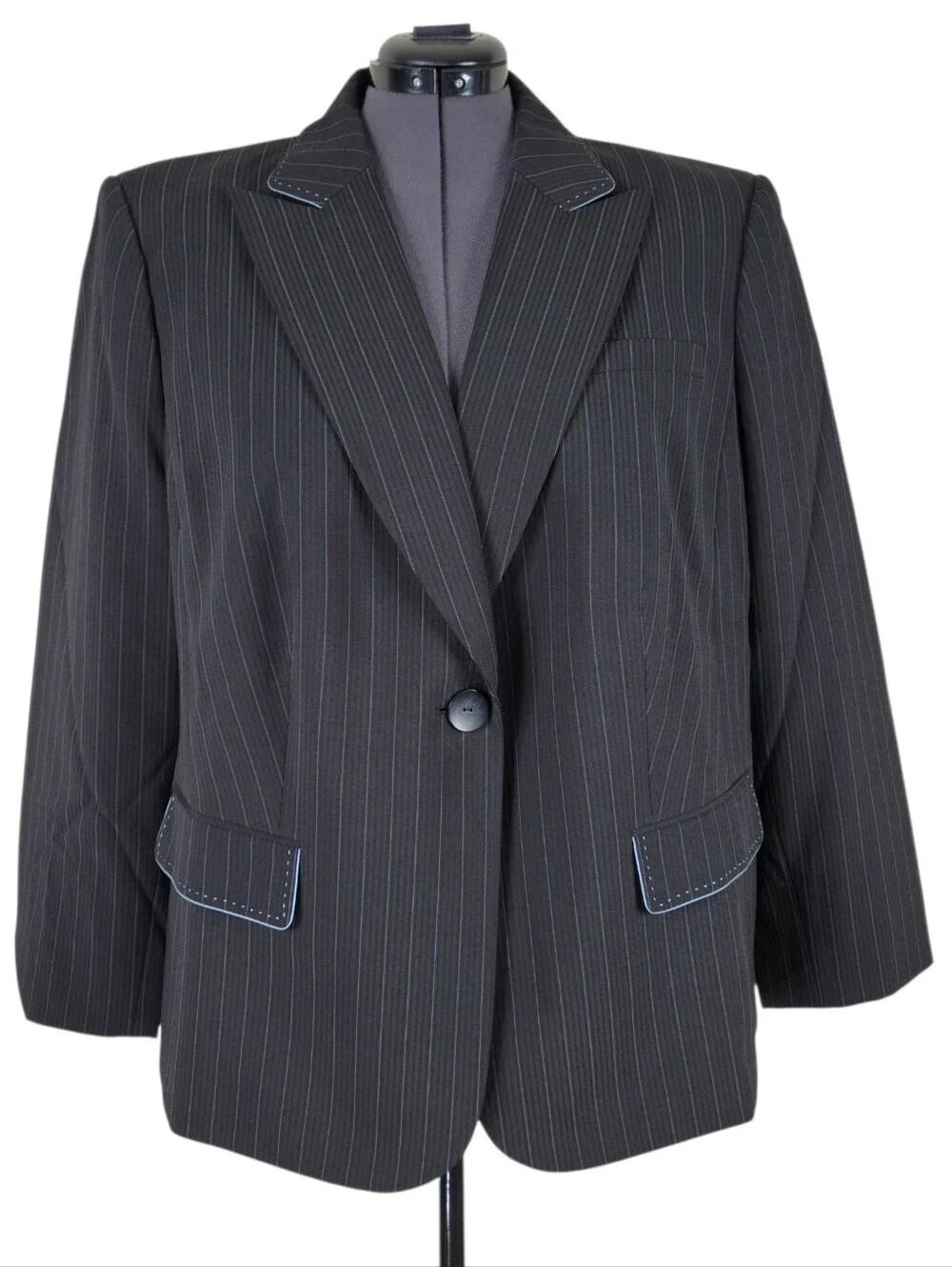 Tahari ASL Blazer Size 22W Black Blue Pinstripe Thick Stitch Trim Flap Pockets